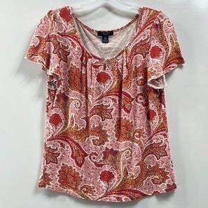 Chaps Red / Orange / White Paisley Scoop Neck Flutter Sleeve Blouse